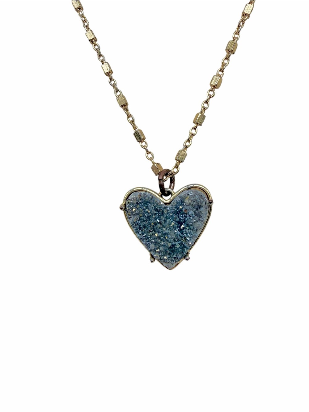 Gold Tone Druzy Quartz Heart Pendant Necklace 16” + 2” Extender Boho Minimalist